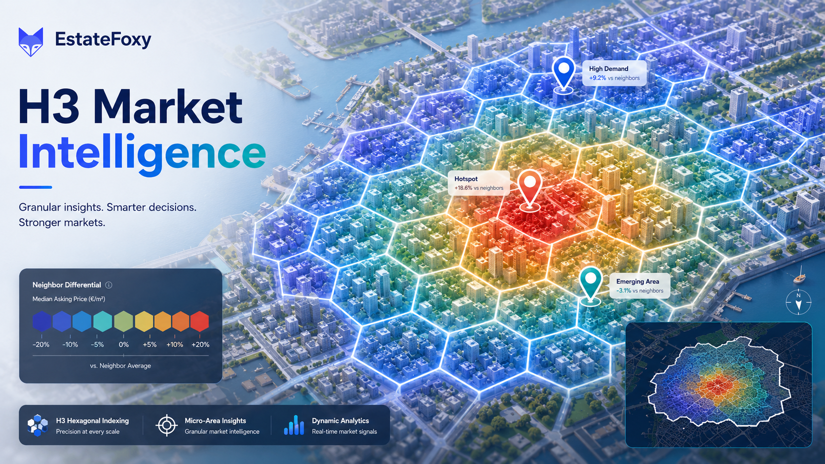 Hexagonal H3 market cells on an EstateFoxy map